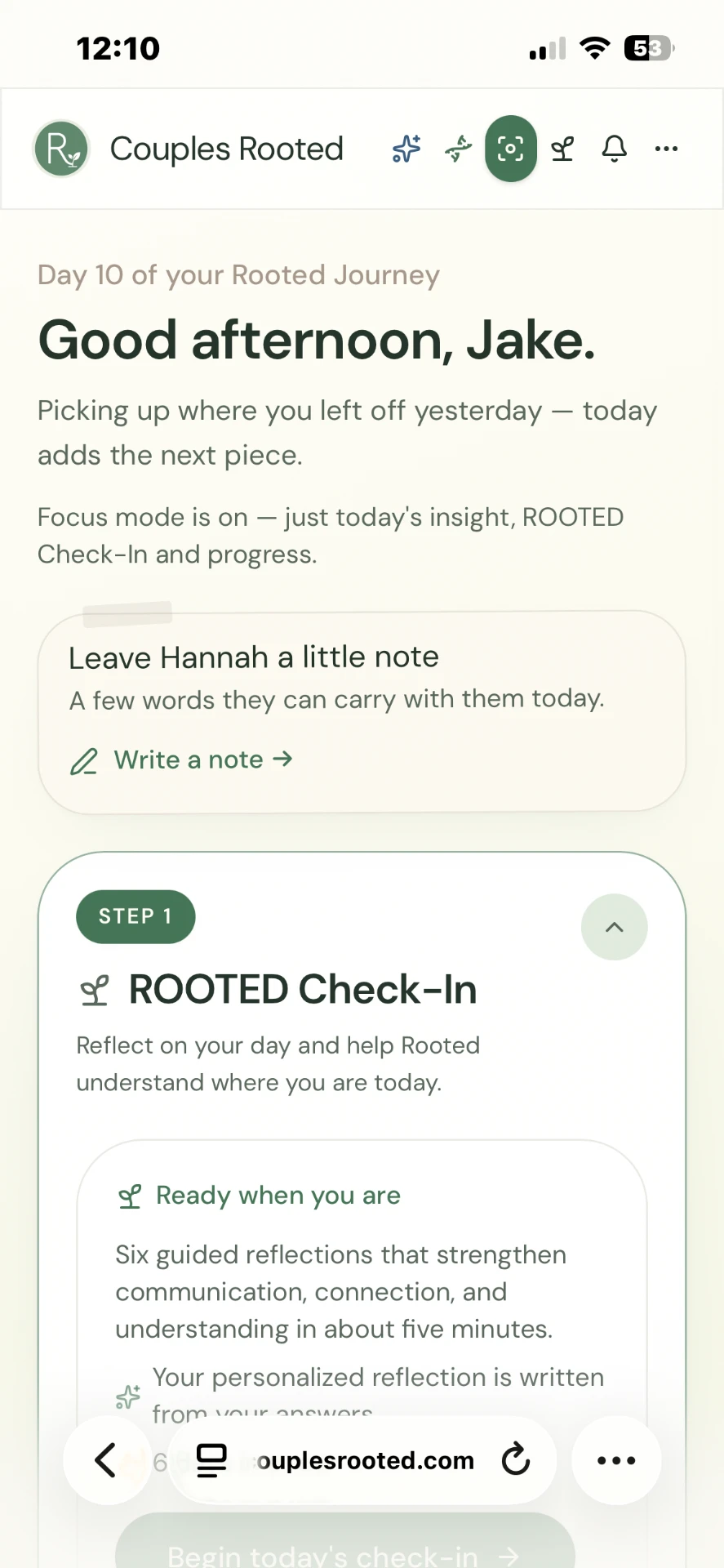 The real Couples Rooted home screen: Day 10 of your Rooted Journey, today's ROOTED Check-In, and a note for your partner.