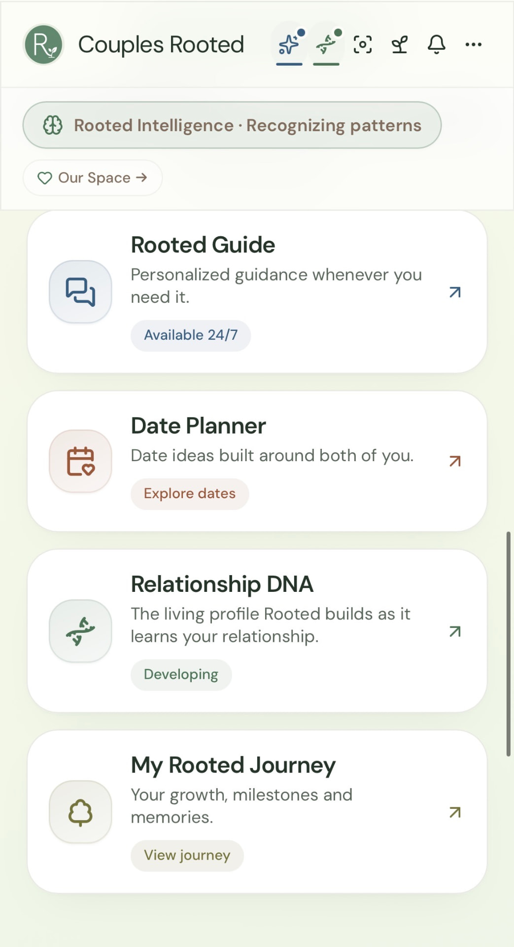 The real Couples Rooted feature area with Rooted Intelligence, Rooted Guide, Date Planner, Relationship DNA, and My Rooted Journey.