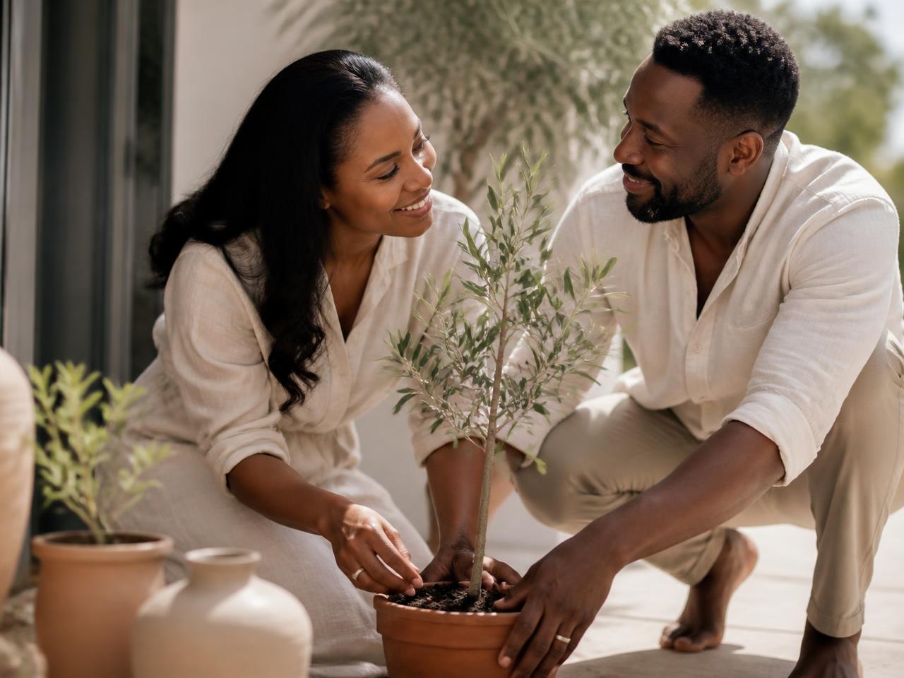 A Black couple tending a young tree together on a bright patio