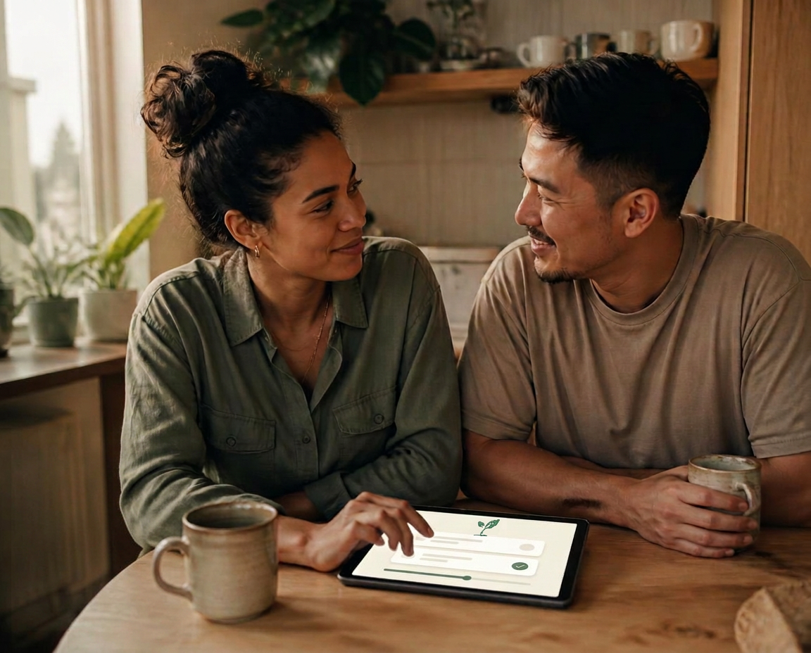 A couple completing their Rooted relationship inventory together over morning coffee