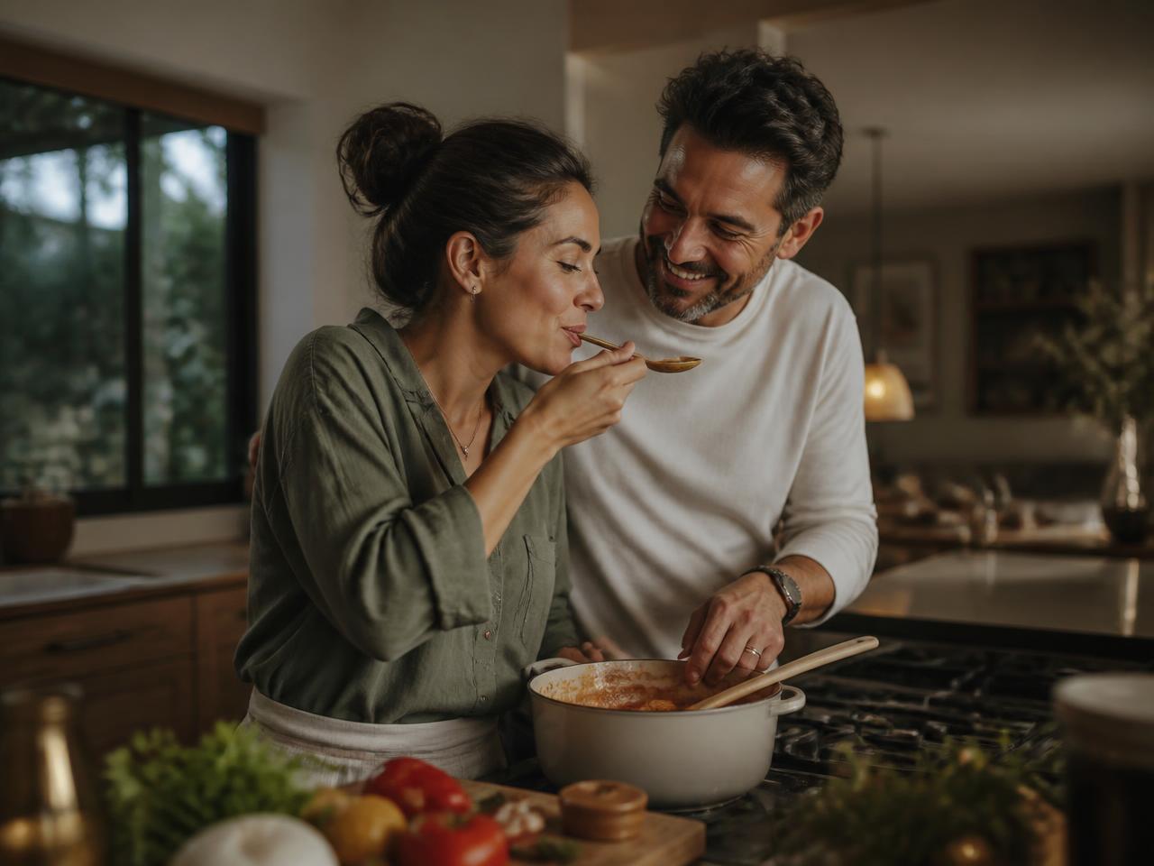 A Latino couple laughing together while cooking dinner