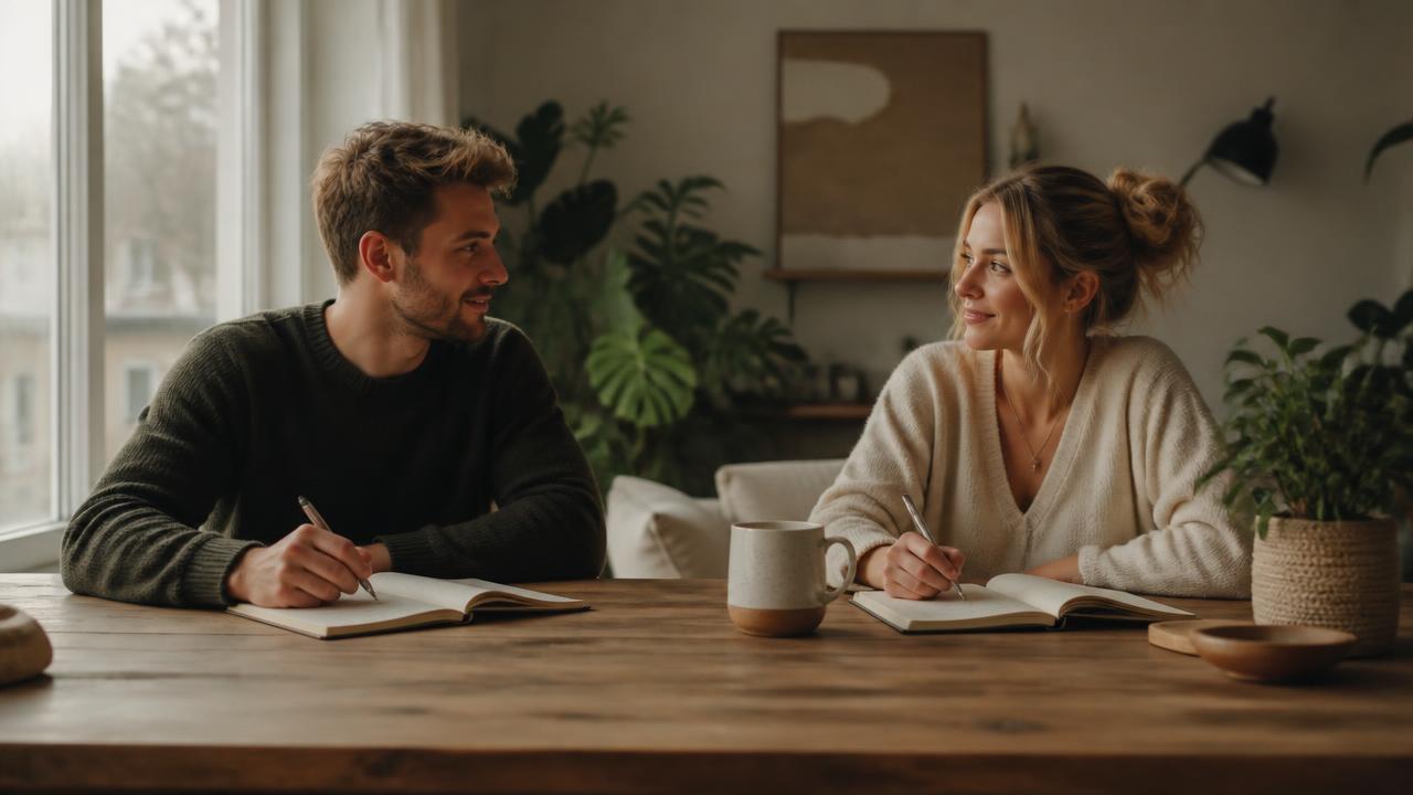 A young engaged couple completing a quiet daily reflection together