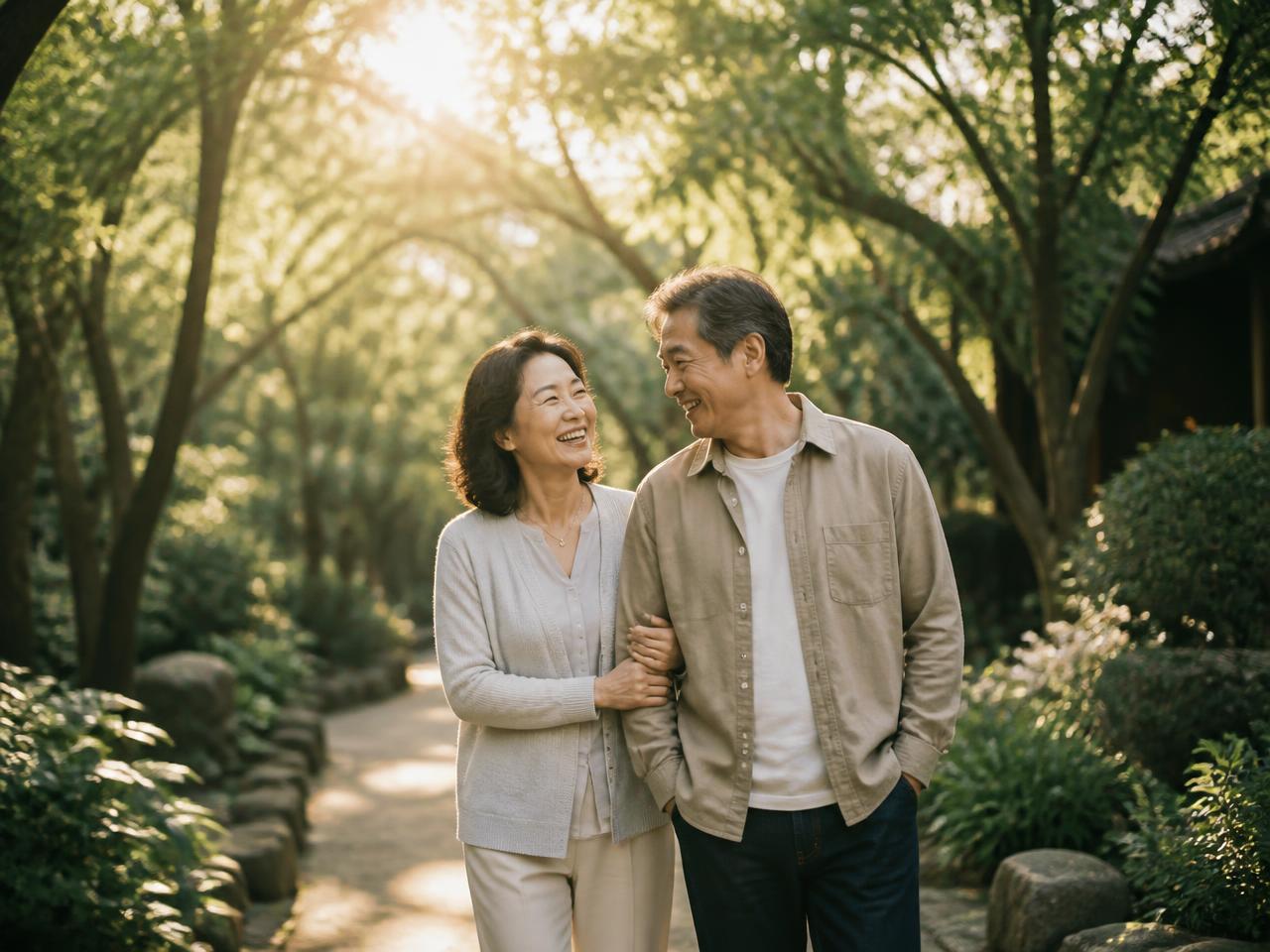 A mature Asian couple laughing together on a sunlit garden walk